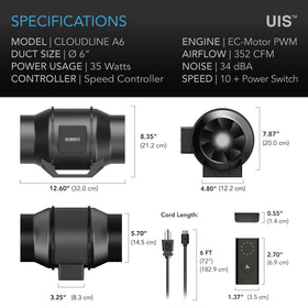 AC Infinity CLOUDLINE A6 352 CFM airflow supports effective exhaust and ventilation.
