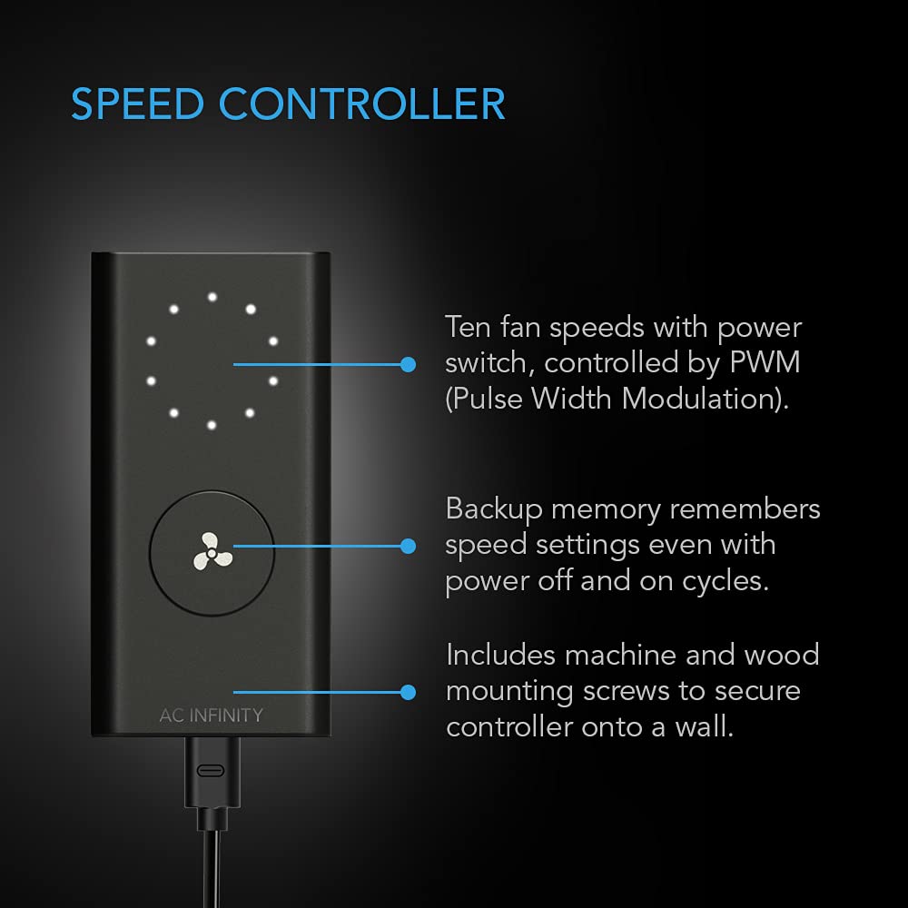 AC Infinity CLOUDLINE A6 wired 10-speed controller demonstrates precise airflow adjustments.