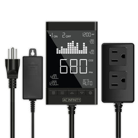 AC Infinity CO2 Controller two outlets powering regulators and fans in grow spaces.