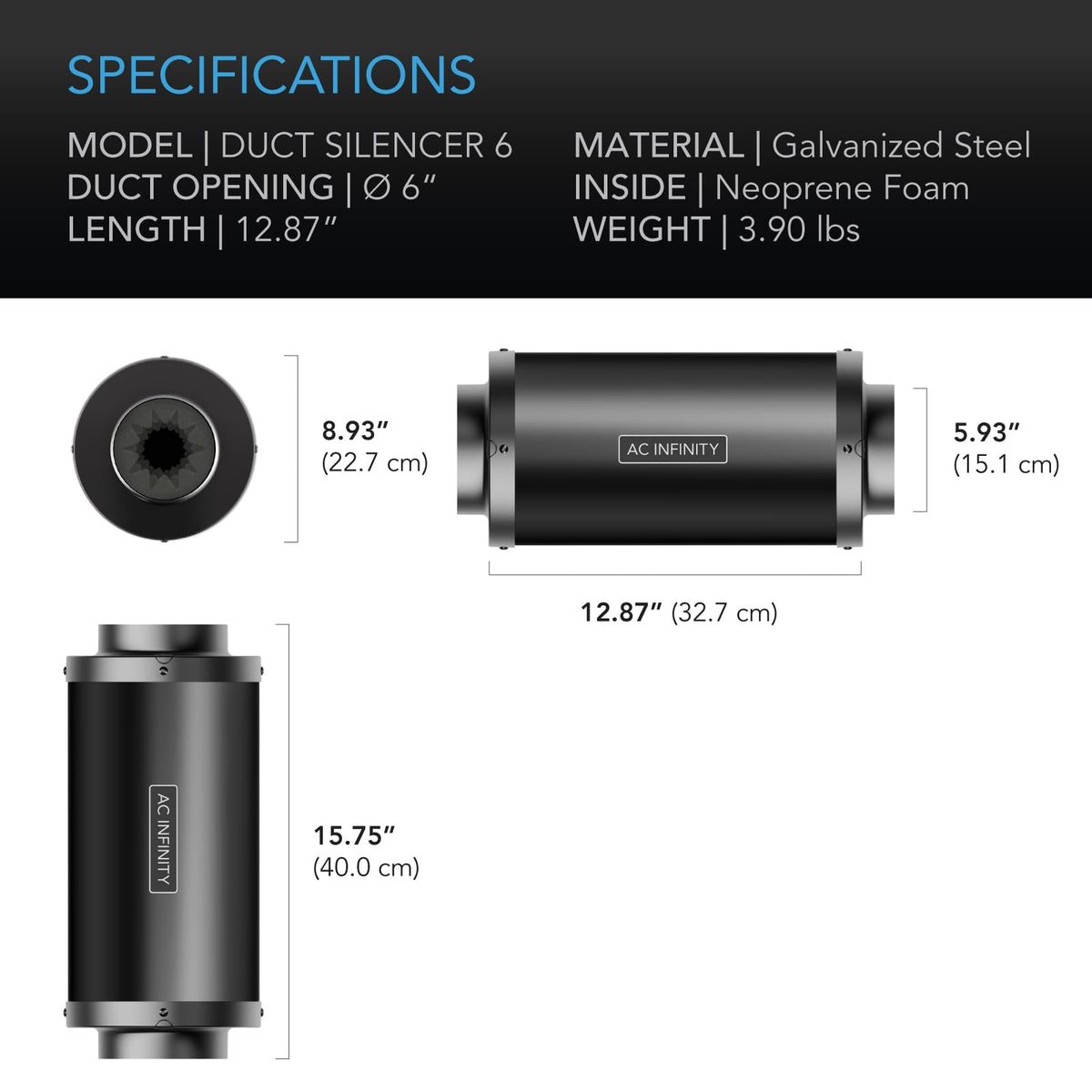 AC Infinity duct muffler with aluminum flanges dampens sound from fan vibrations