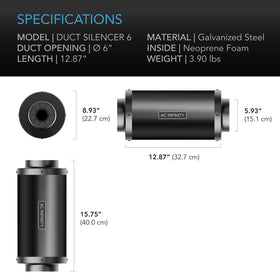 AC Infinity duct muffler with aluminum flanges dampens sound from fan vibrations