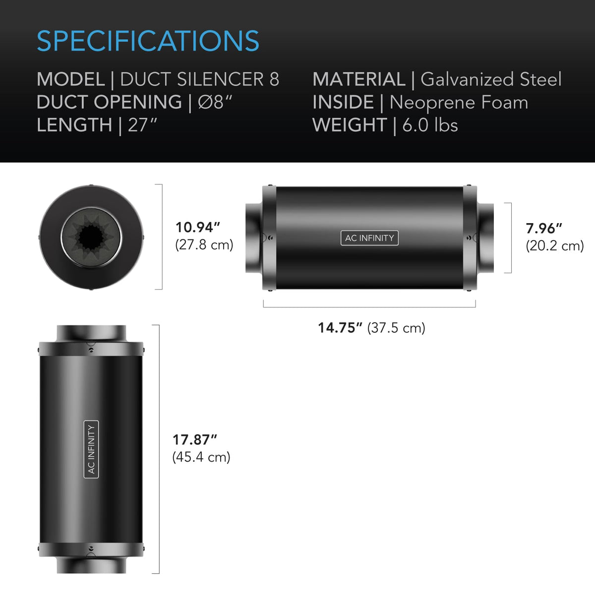 AC Infinity 8-inch duct opening demonstrates precise sizing for compatible installations