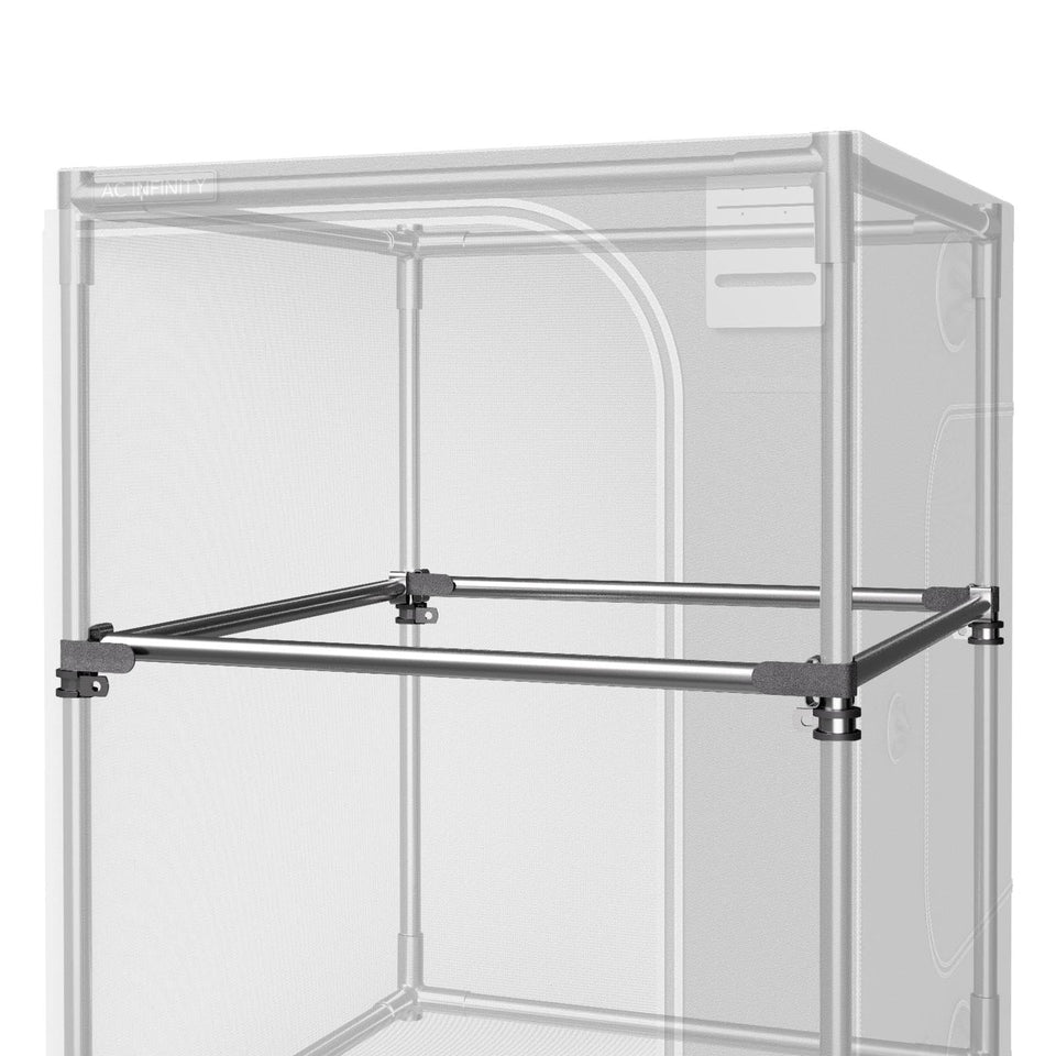 AC Infinity heavy-duty mounting bars on a 5x5 tent frame for added stability.