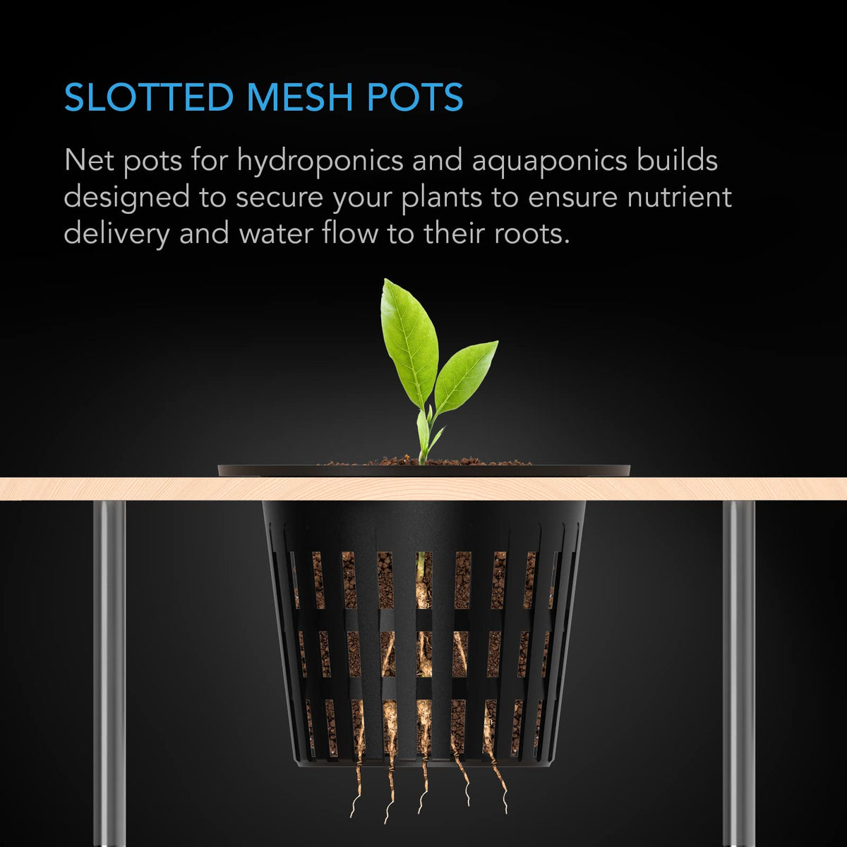 AC Infinity heavy-duty net pots with wide lip rims fit trays and NFT channels.