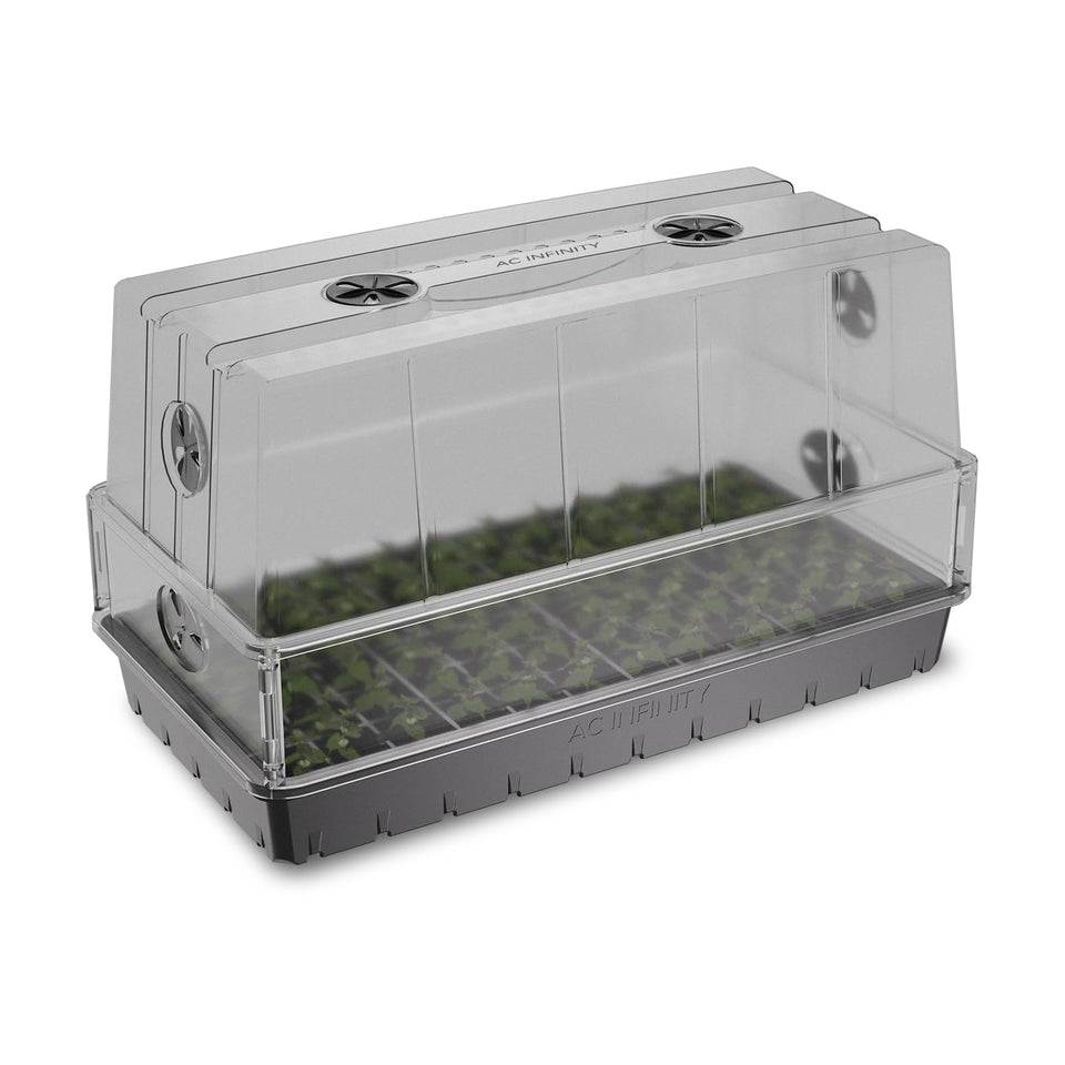 AC Infinity humidity dome—3mm clear dome promoting light penetration for seedlings.