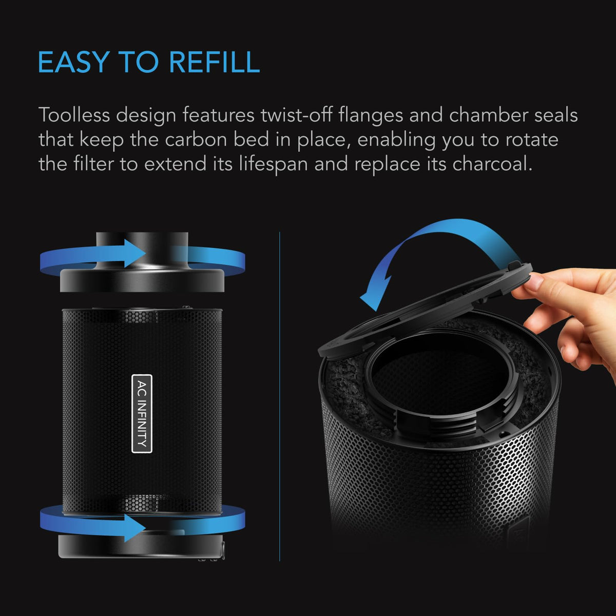 AC Infinity larger chamber enhances odor control without compression.