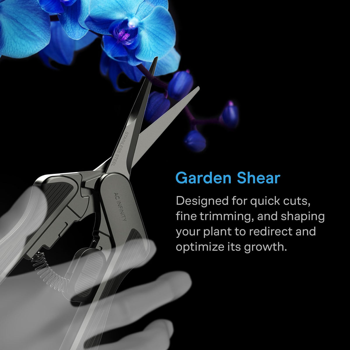 AC Infinity pruning shear ergonomic grip shown for comfortable extended pruning.