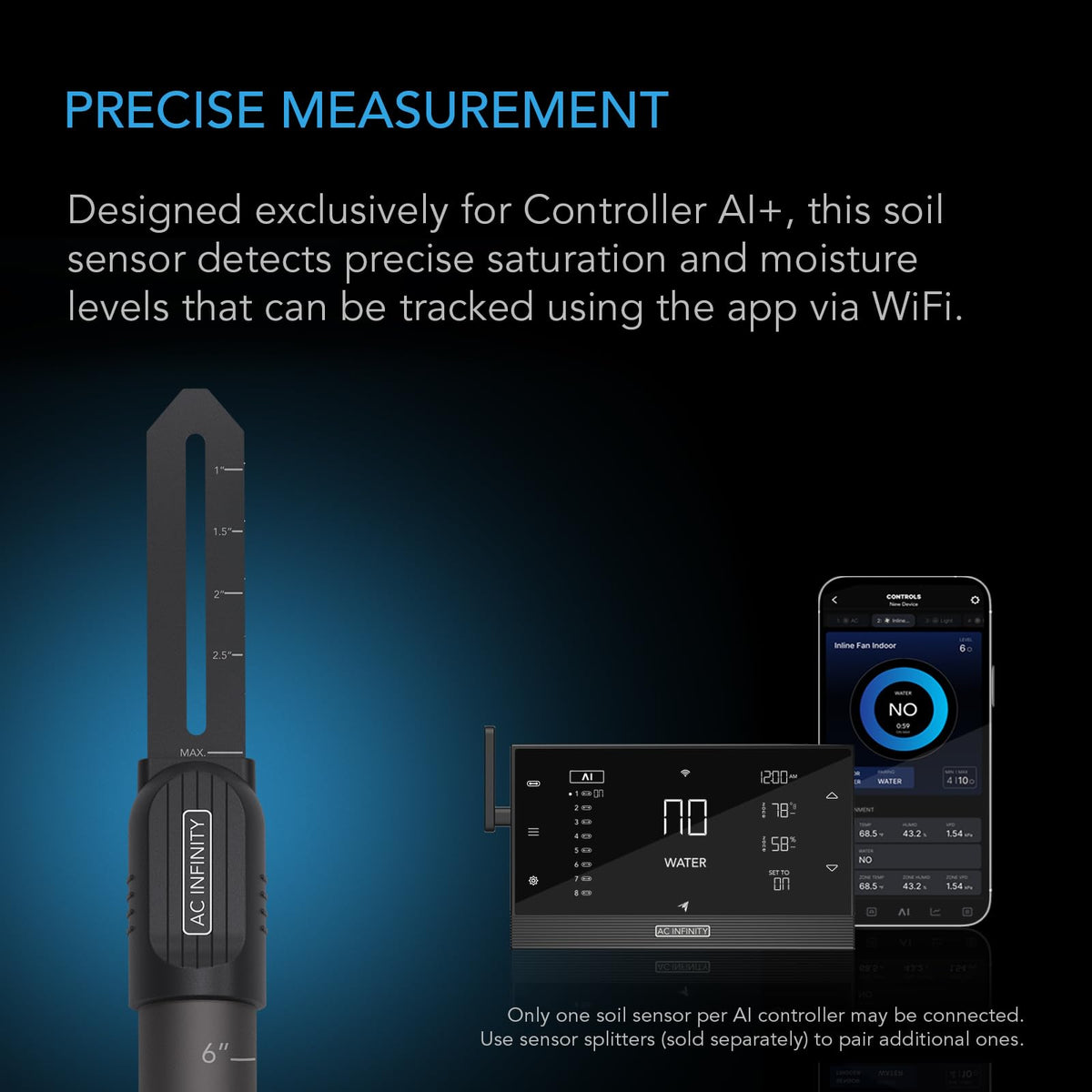 AC Infinity soil sensor probe monitoring soil moisture saturation in beds.