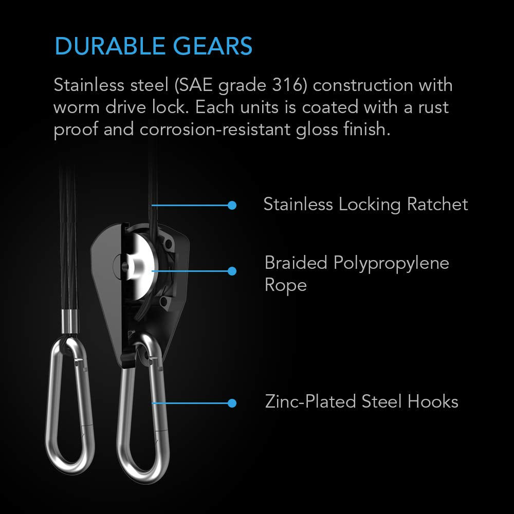 AC Infinity stainless steel locking ratchet adjusts rope length smoothly for precise placement.