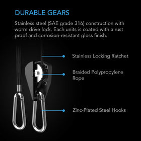 AC Infinity stainless steel locking ratchet adjusts rope length smoothly for precise placement.