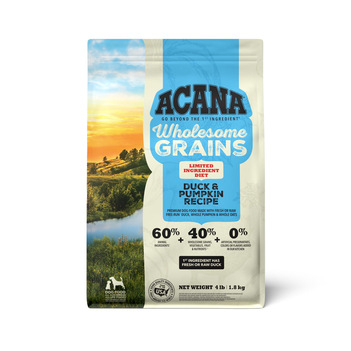 ACANA Wholesome Grains 4lb bag featuring duck and pumpkin for dogs