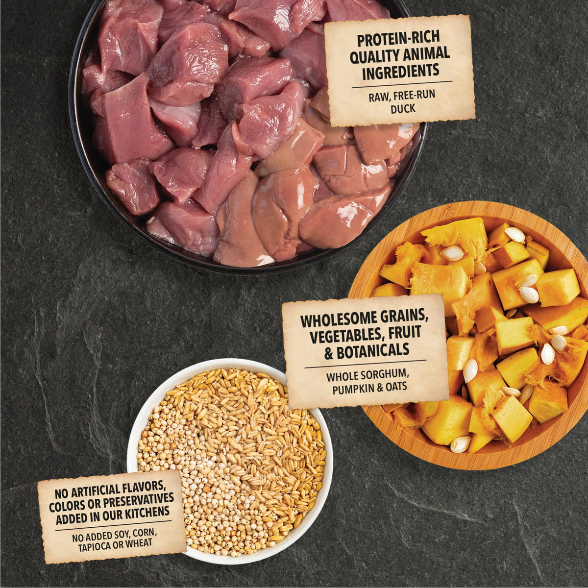 Ingredient scan showing duck, pumpkin, and grains in ACANA recipe
