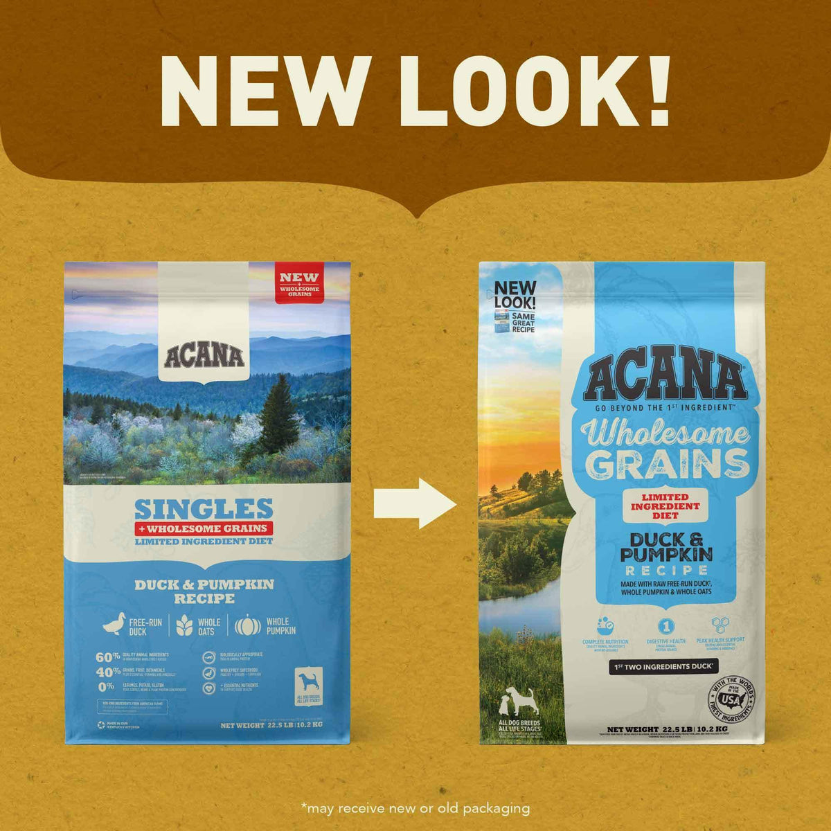 ACANA US-made label on Wholesome Grains Duck & Pumpkin packaging