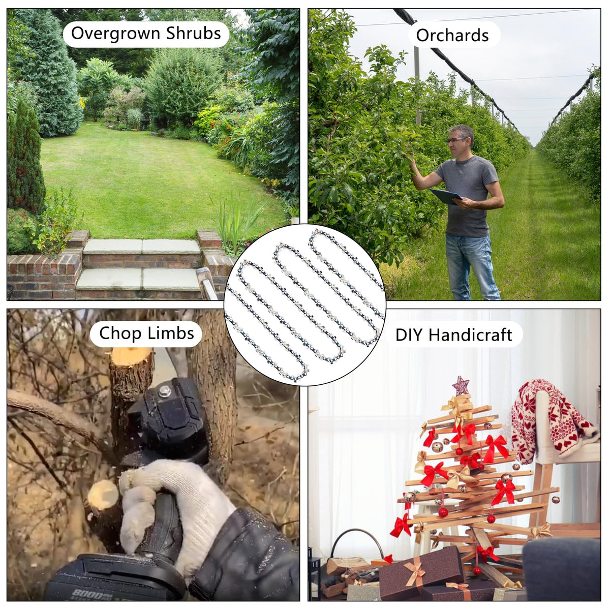 AccEncyc garden-ready chain for trimming overgrowth and pruning small branches with a cordless saw.