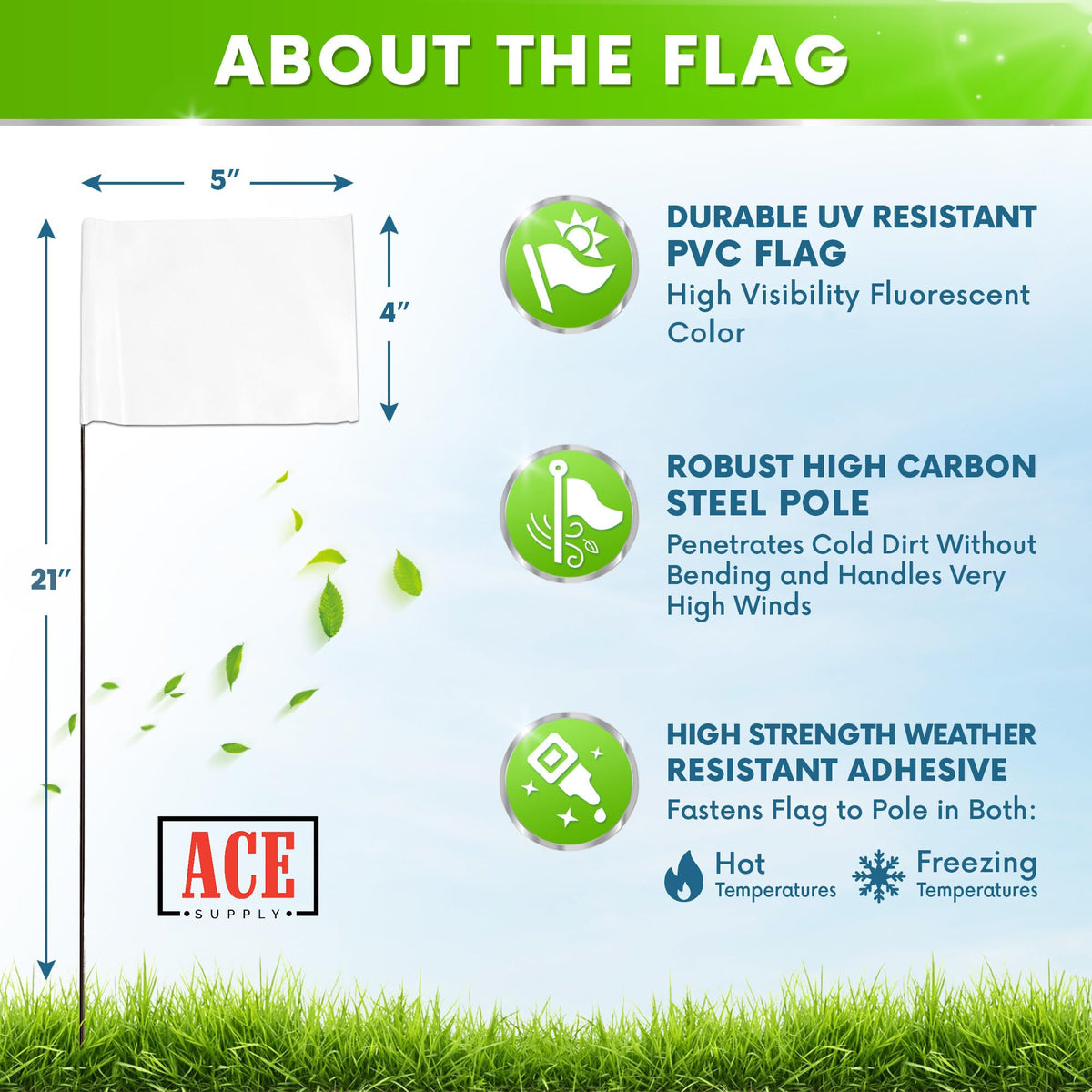 ACE Supply white marking flags clearly indicate sprinkler heads for irrigation layouts.