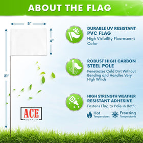ACE Supply white marking flags clearly indicate sprinkler heads for irrigation layouts.