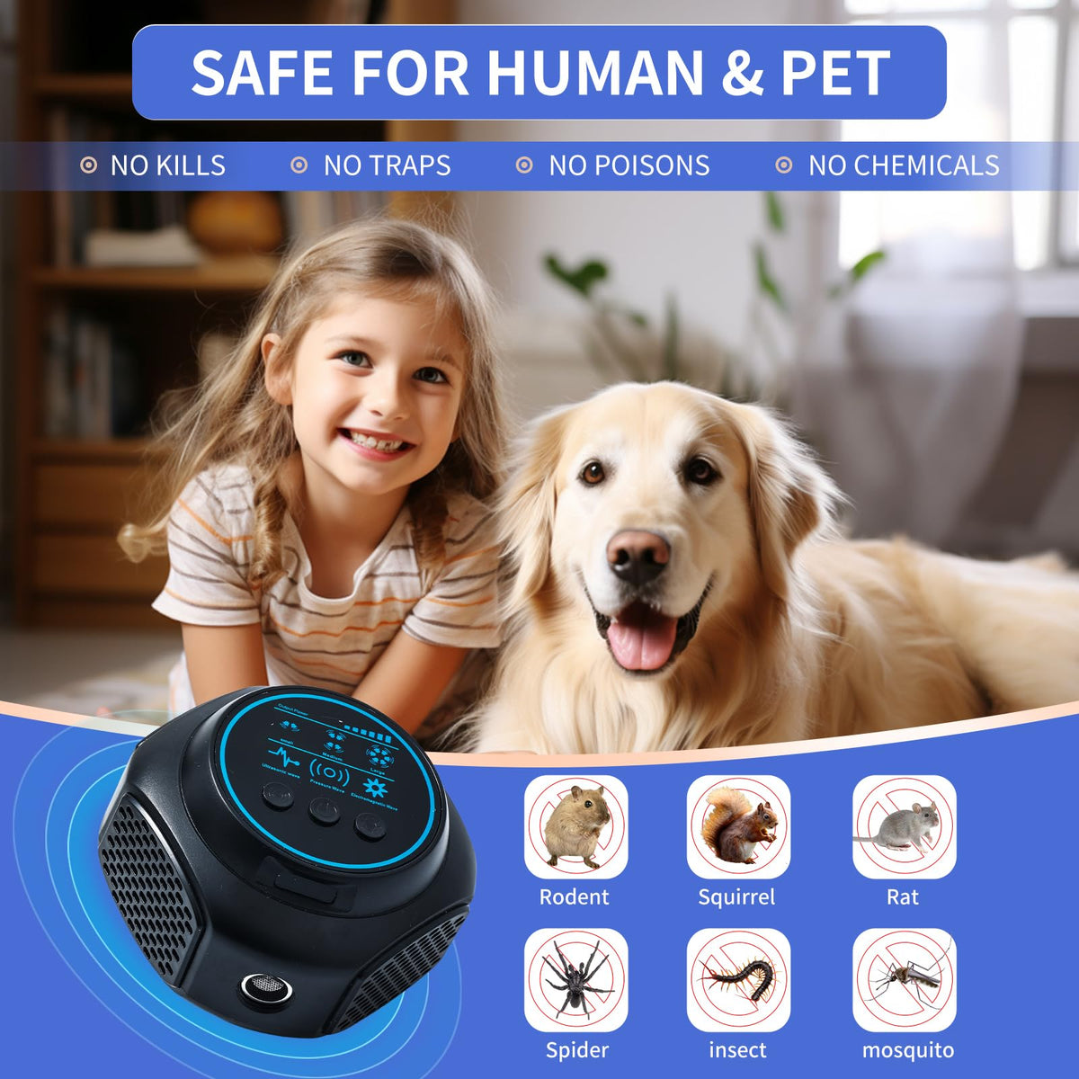 ACEBINTE Ultrasonic Pest Repeller in a room highlights 360° coverage