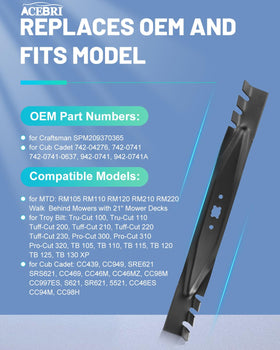 ACEBRI 21-inch blades compatibility list showing broad model support.
