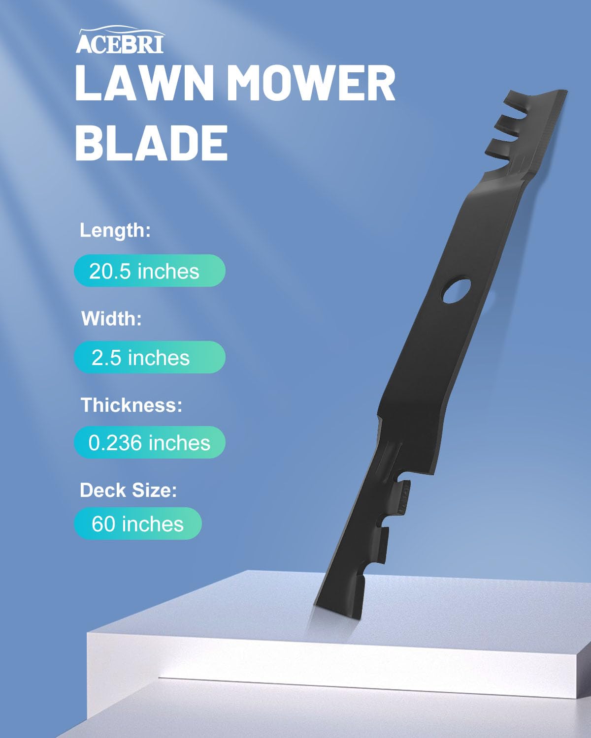 ACEBRI Gator blade dimensions show 20.5 inch length and 2.5 inch width