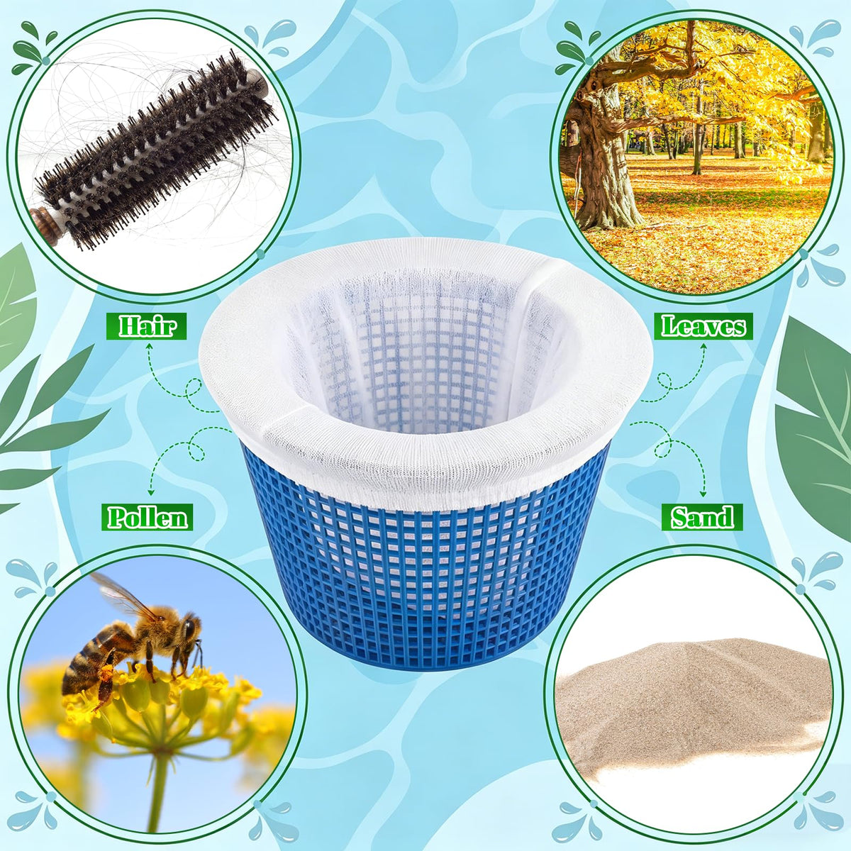 Acellegic 1mm mesh traps leaves, hair, sand.