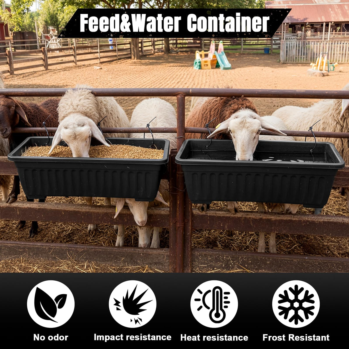 Acellegic black feed trough blends with farm surroundings and equipment.