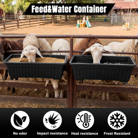 Acellegic black feed trough blends with farm surroundings and equipment.