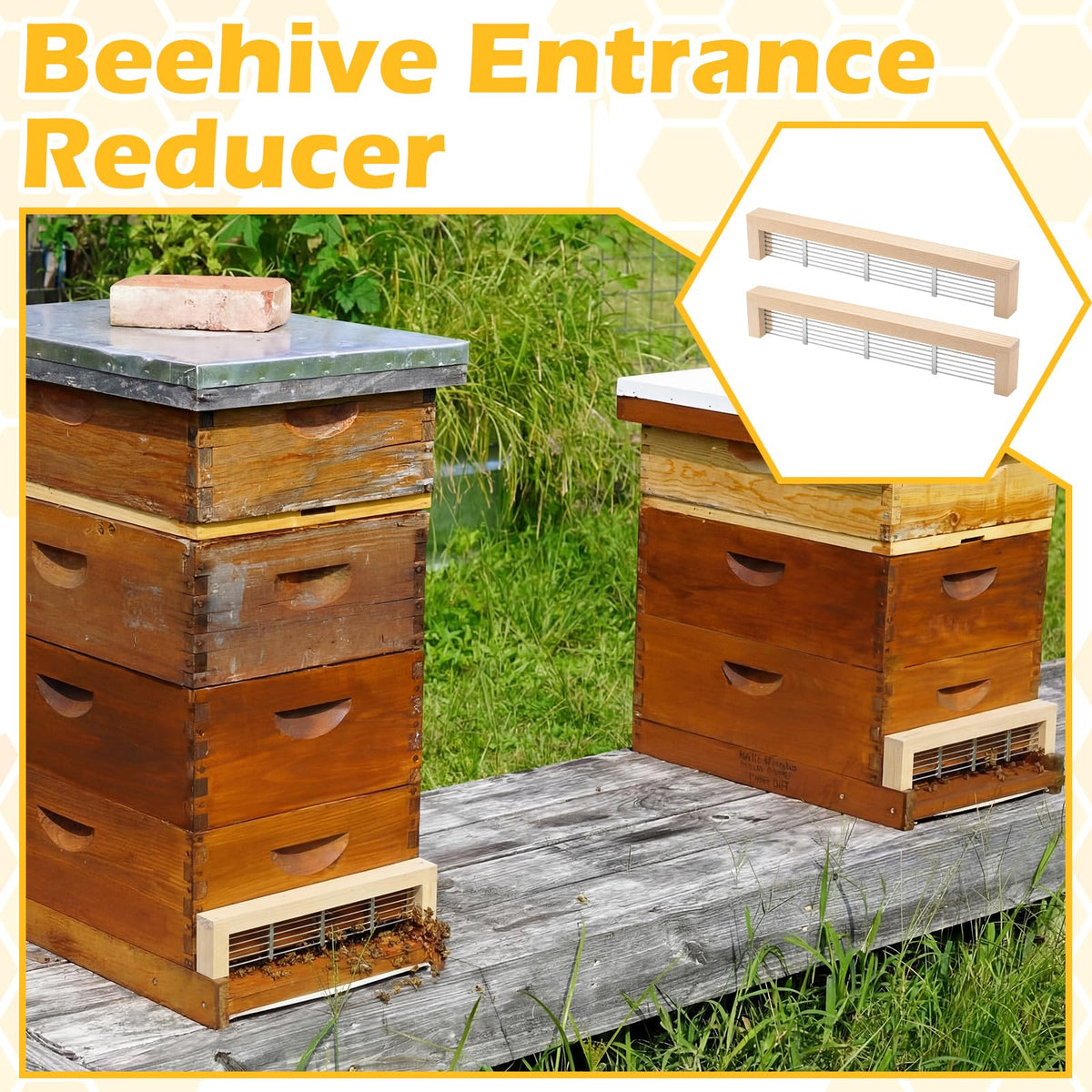 Acellegic durable wooden hive entrance protector suited for outdoor use