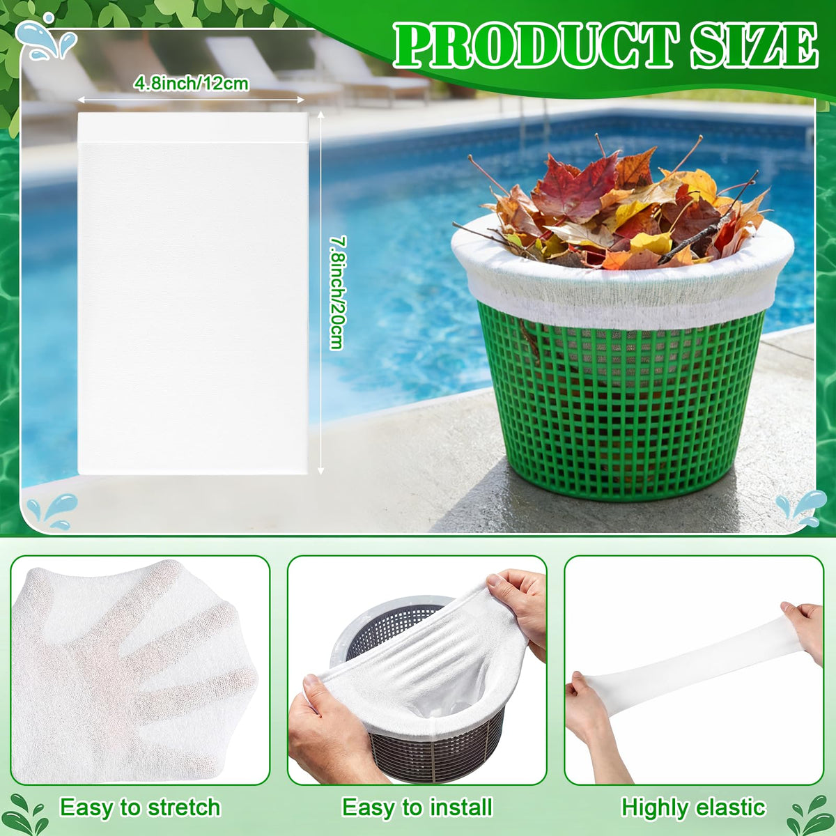 Acellegic pool skimmer sock size 4.8x7.8 inches fits most baskets.