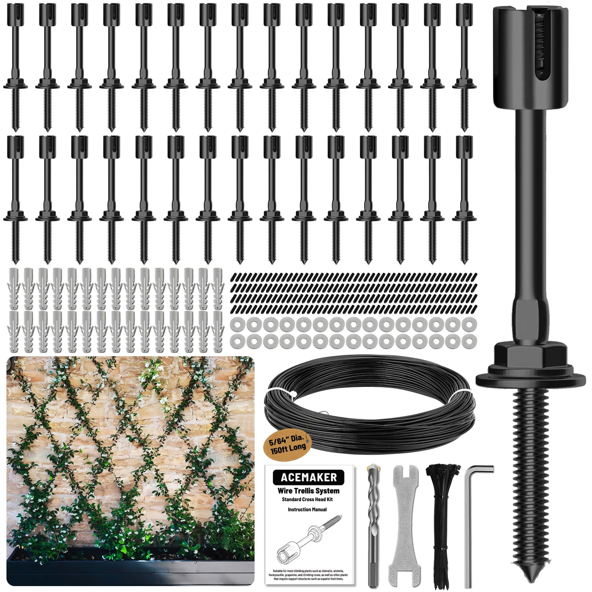 Acemaker 30-Set wall trellis installation close-up with black standoffs