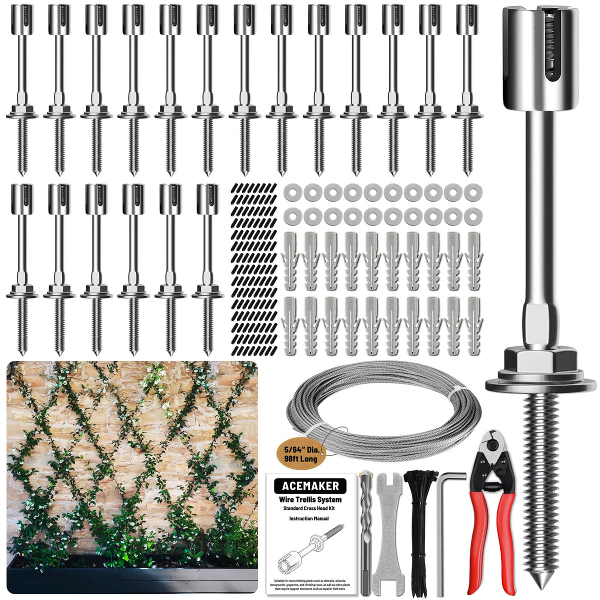 Acemaker wire trellis wall kit shown in a diamond layout supporting climbing plants