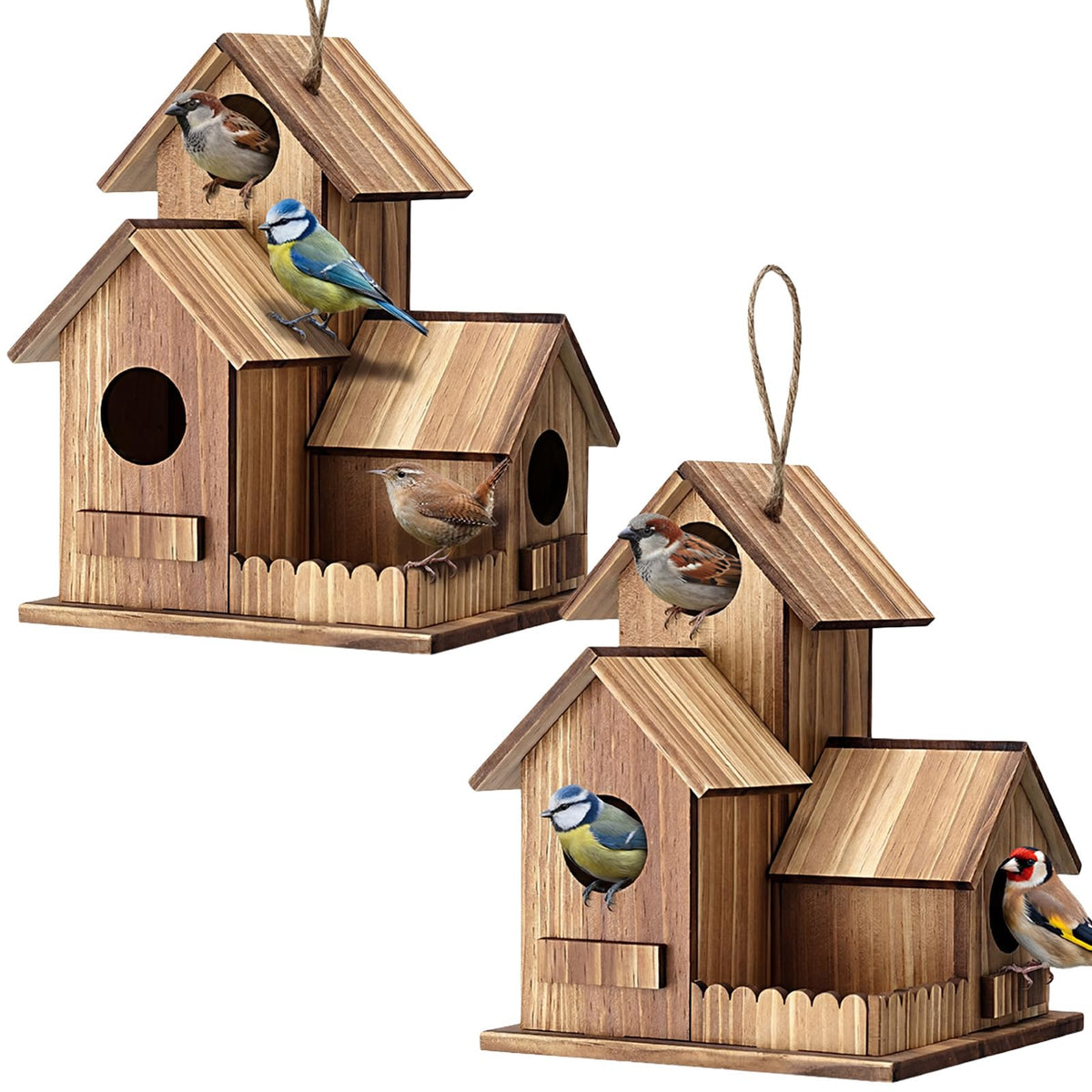 AceOrbit wooden bird house with 3 holes for outdoor hanging, ideal for backyard nesting.