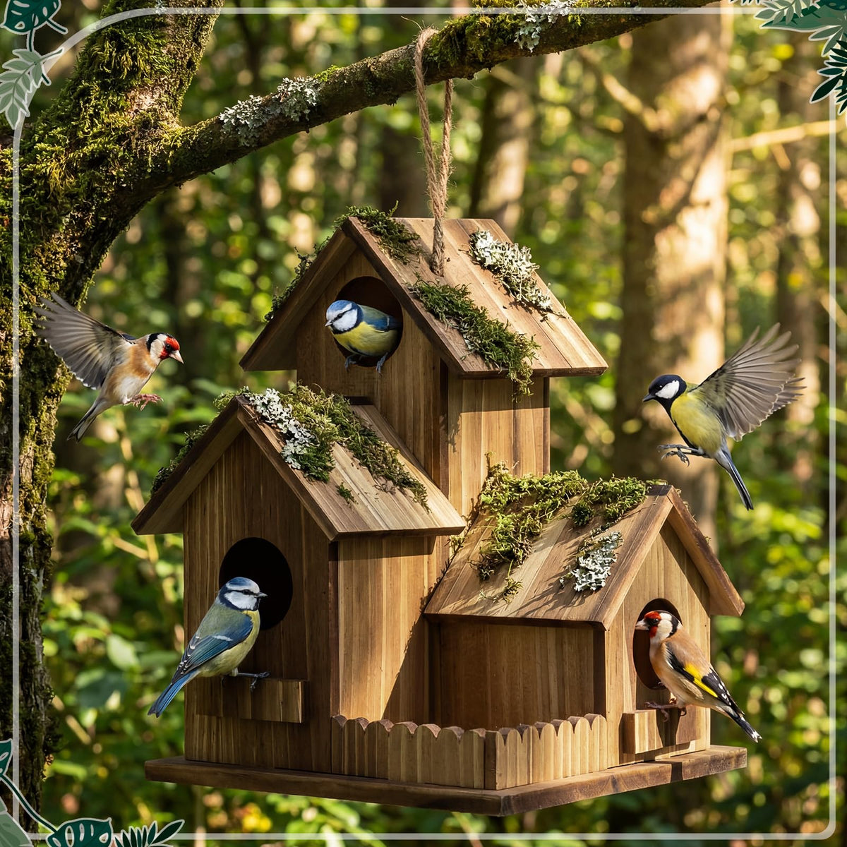 AceOrbit easy-installation bird house with rope and flat base for fences or trees.