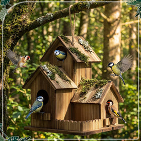 AceOrbit easy-installation bird house with rope and flat base for fences or trees.