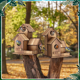 AceOrbit rustic wooden bird house enhances garden decor while providing shelter.