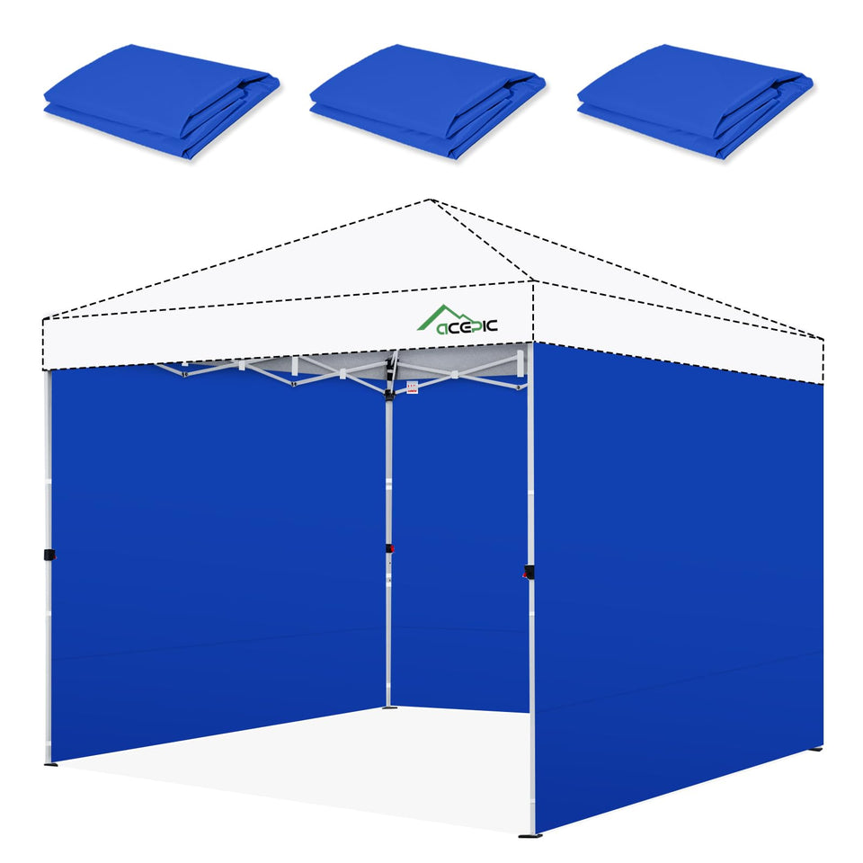 Acepic blue canopy sidewall front view with a 3-piece set for 10x10 canopies.