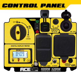 Aceup Energy 120V outlet and 20A receptacle to run household tools.