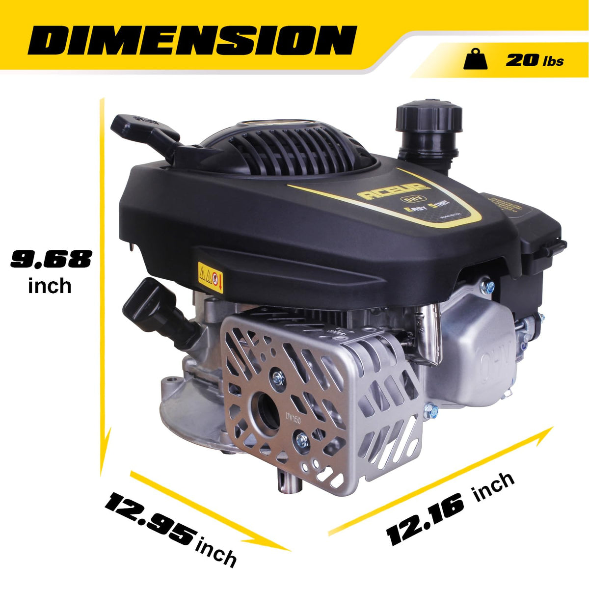 Aceup Energy 4-stroke OHV motor with recoil start for easy starts.