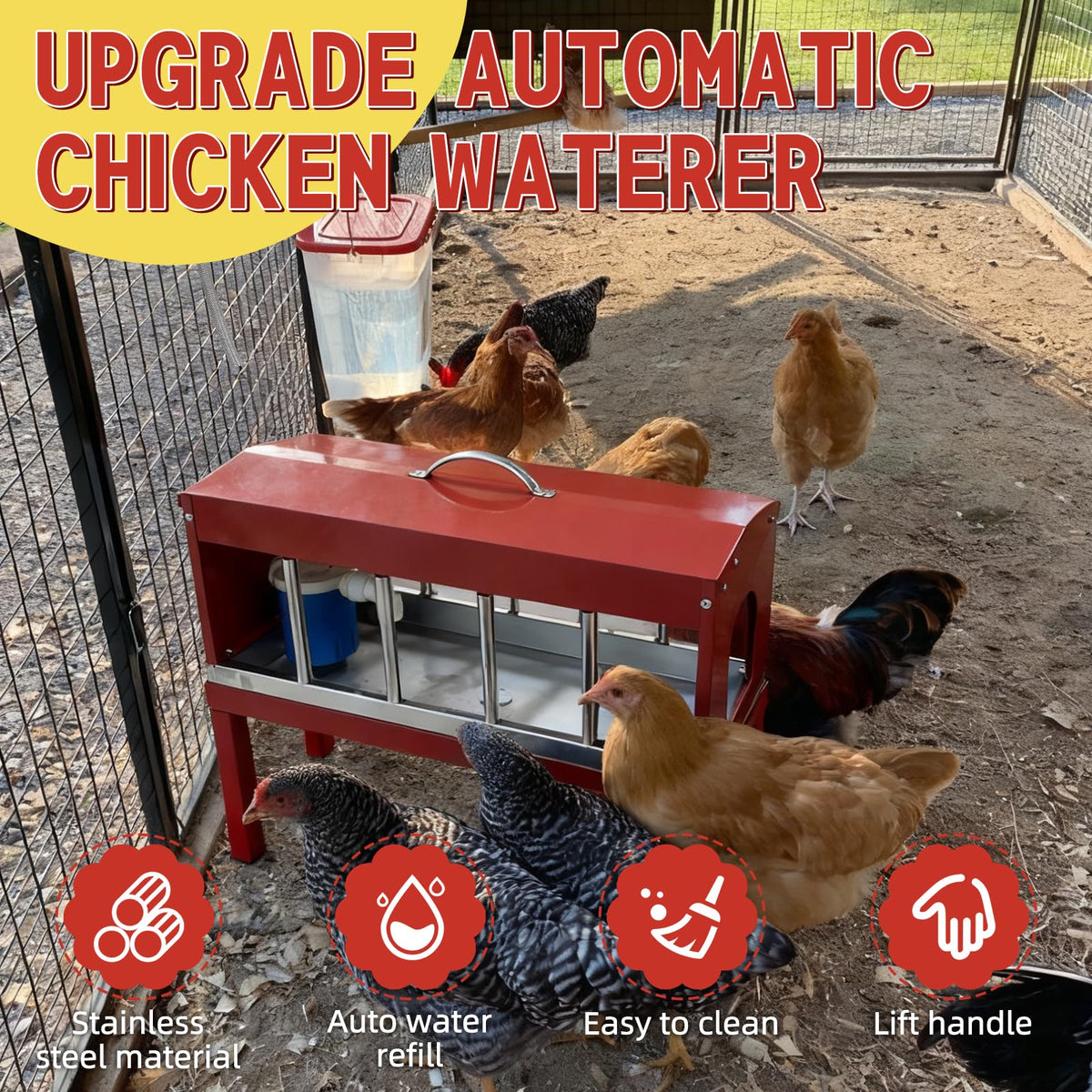 Achicklead poultry-water-dispenser suits chickens, ducks, pigeons, and geese in shared coops.