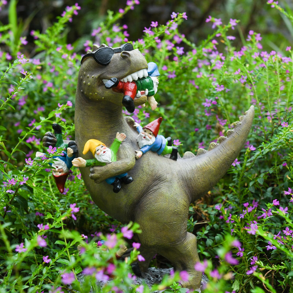 ACHYHAVIN hand-painted dino-gnome sculpture enhances any patio with bold color.