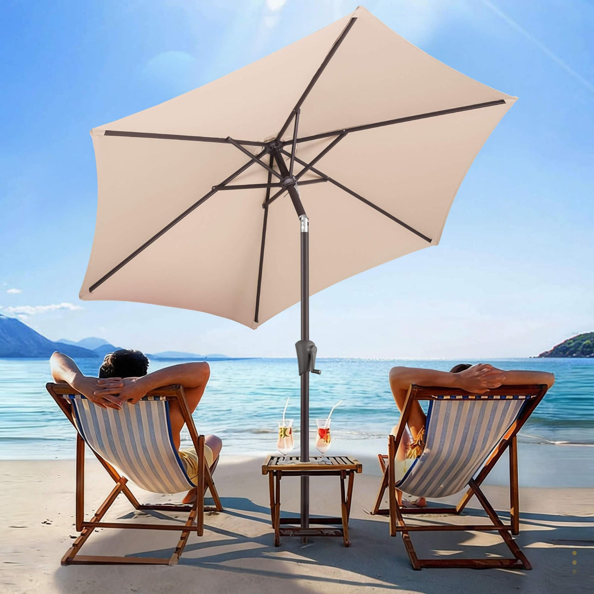 AckMizz patio umbrella crank operation enables quick shade at outdoor meals
