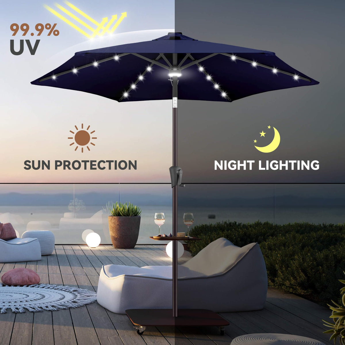 AckMizz solar umbrella UV-block fabric provides shade and sun protection.