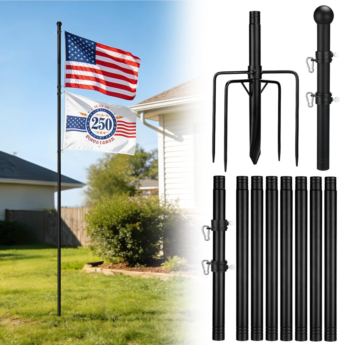 Acostop 12.5ft flag pole ready for two flags in a residential yard