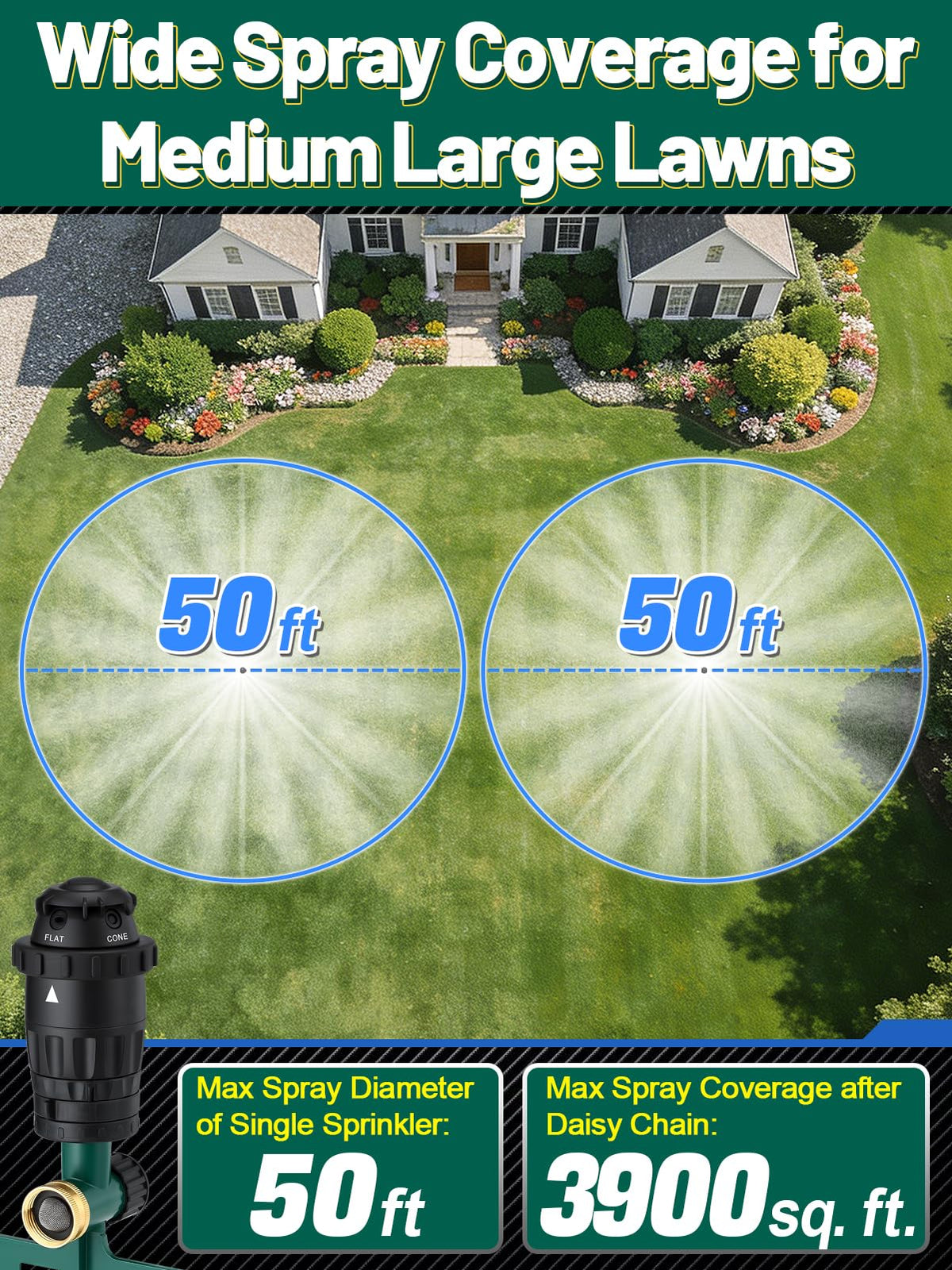 Acostop aluminum spike securely anchors sprinklers on uneven ground.