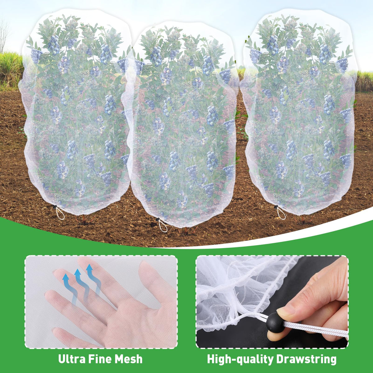 Acostop drawstring plant netting enables quick, secure coverage over crops