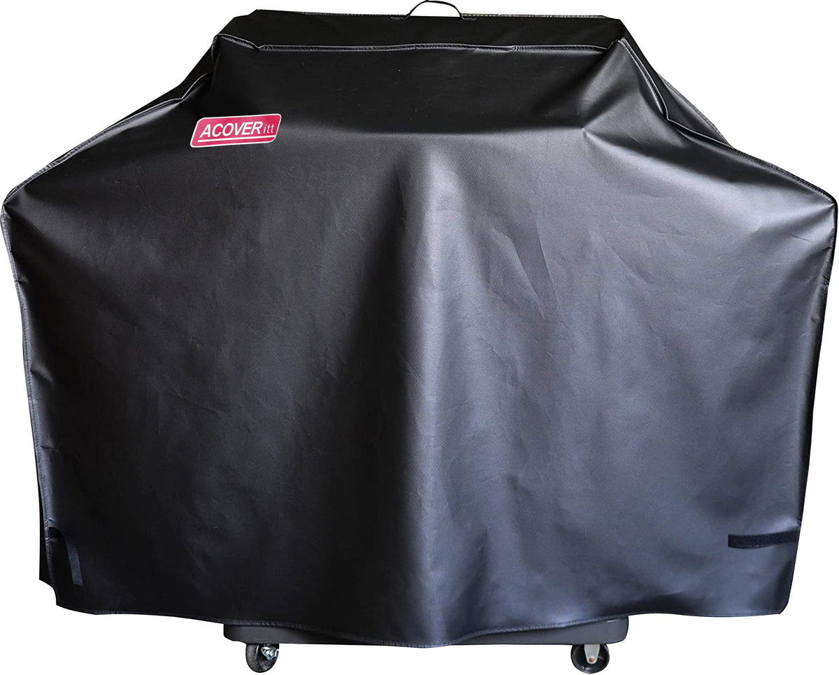 Acoveritt 66 inch grill cover on a Weber Summit grill protecting from rain and wind