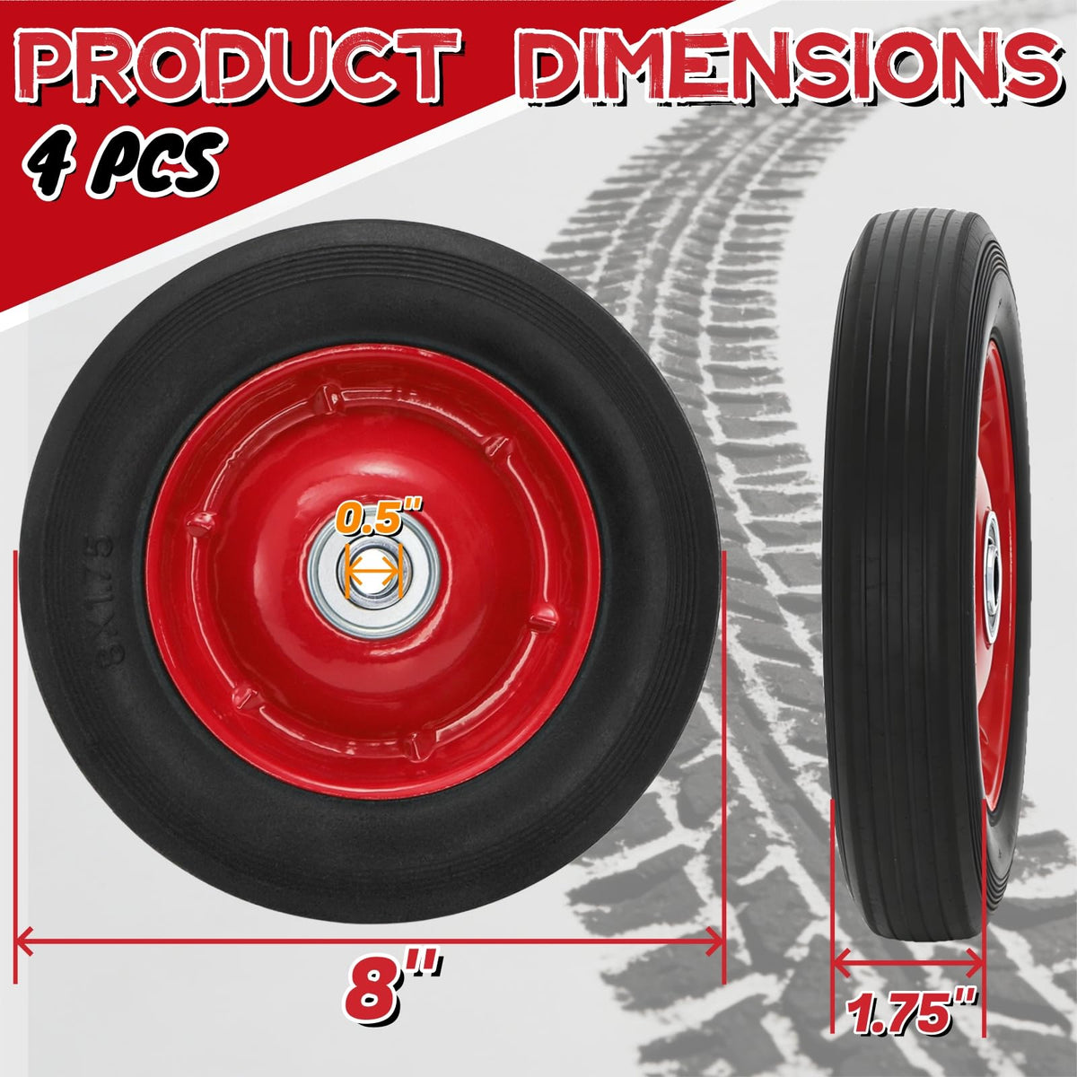 Acshio 8in solid rubber wheel with ball bearing for smooth rolling.