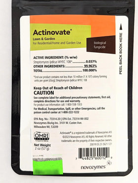 Actinovate lawn fungicide bottle shown for organic garden protection.