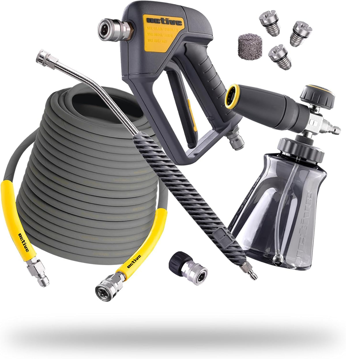 Active pressure washer bundle with swivel gun and foam cannon for efficient car detailing at home
