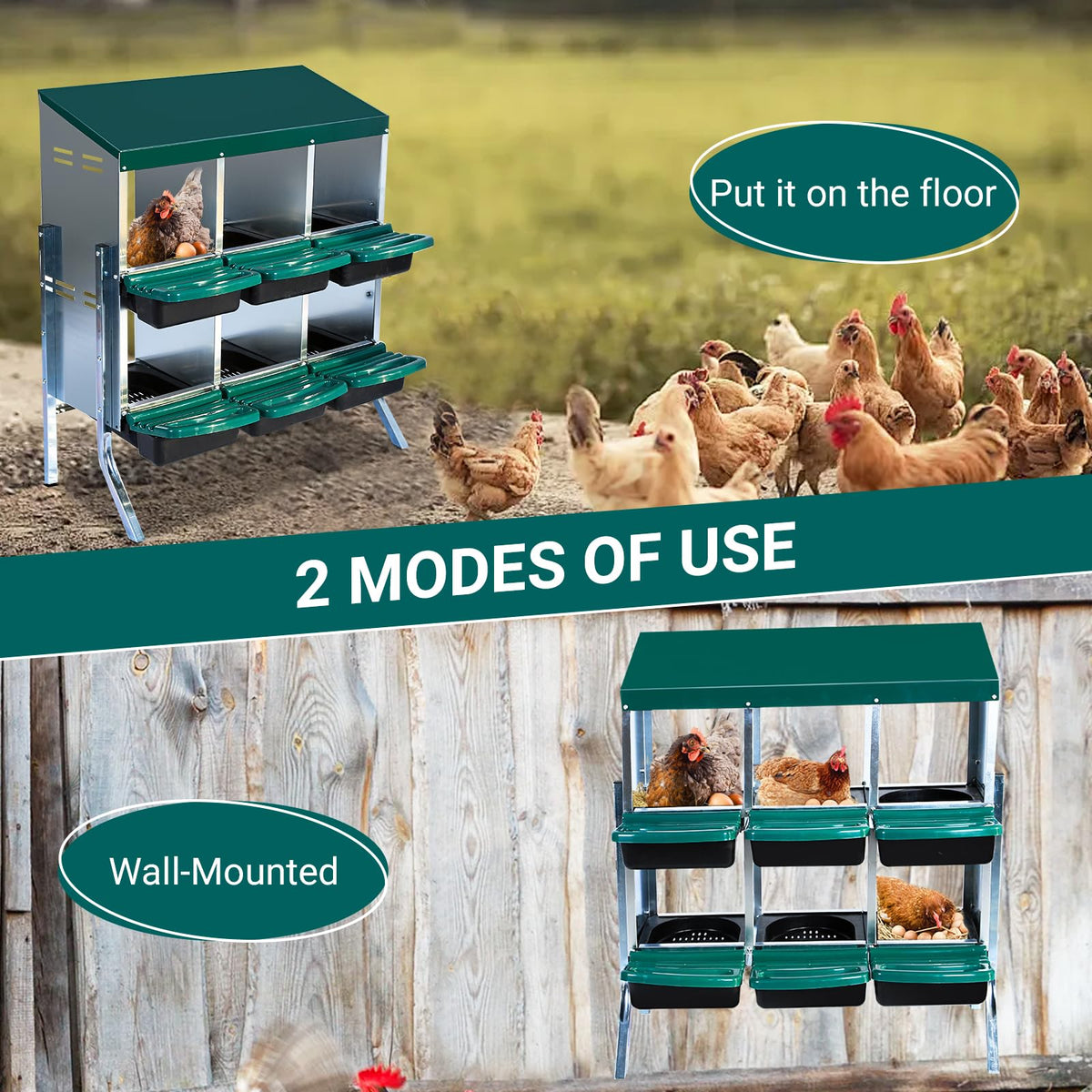 ActiveTrail green nesting boxes blend with outdoor farm aesthetics.