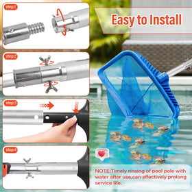ACTREY pool pole demonstrating compatibility with nets, brushes, and vacuums.